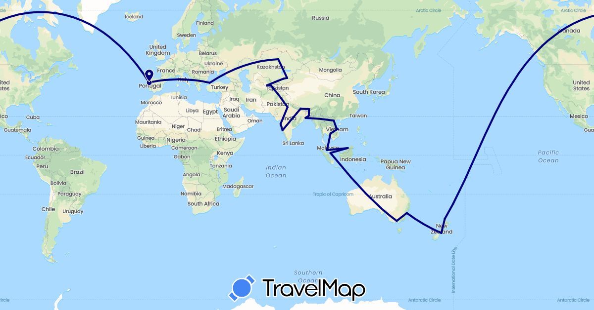TravelMap itinerary: driving in Australia, Bangladesh, Brunei, Bhutan, India, Kyrgyzstan, Cambodia, Kazakhstan, Malaysia, Nepal, New Zealand, Portugal, Singapore, Turkey, Uzbekistan, Vietnam (Asia, Europe, Oceania)